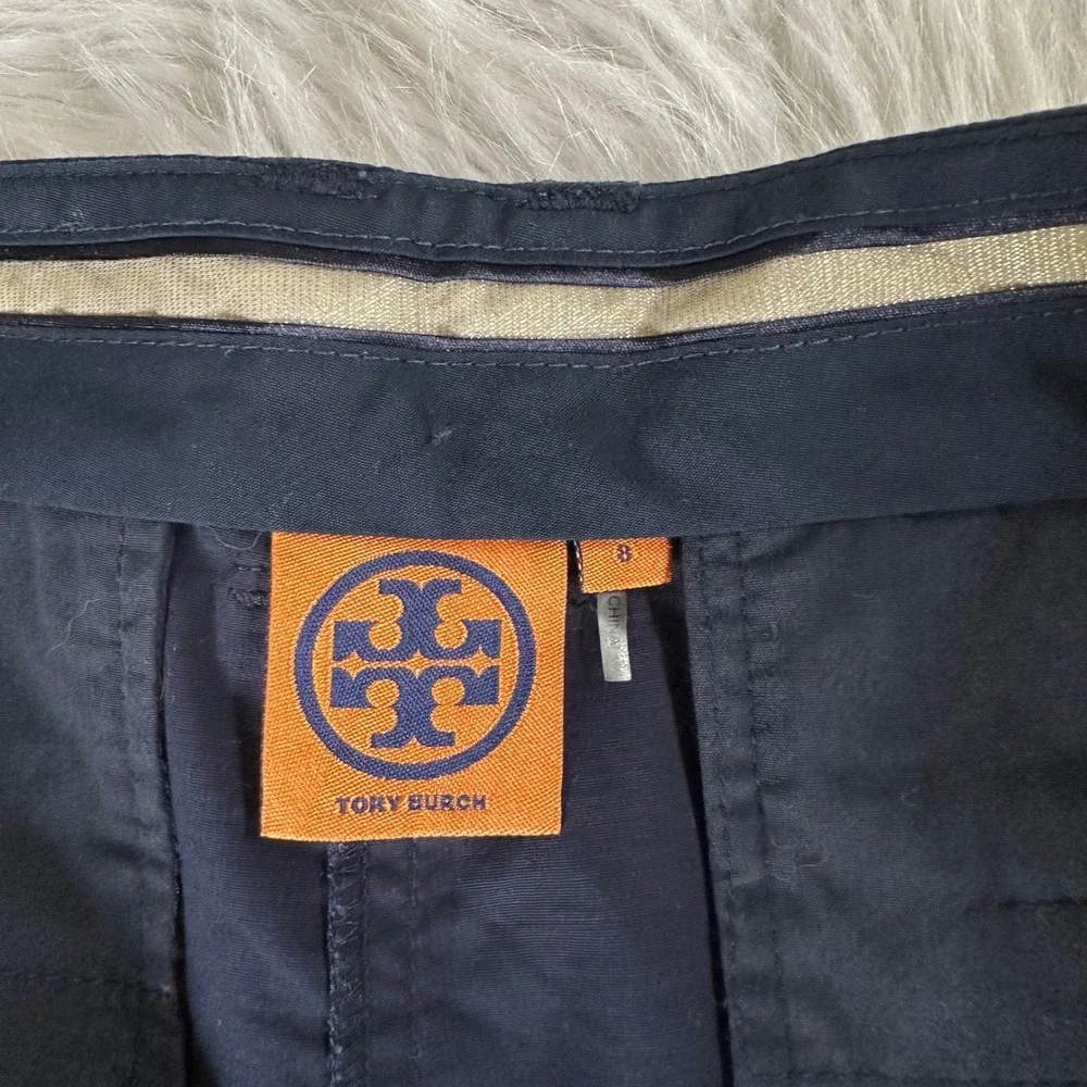 Tory Burch Shorts Navy Blue Eyelet Lace Trim Chino Gold Logo Button Size 8